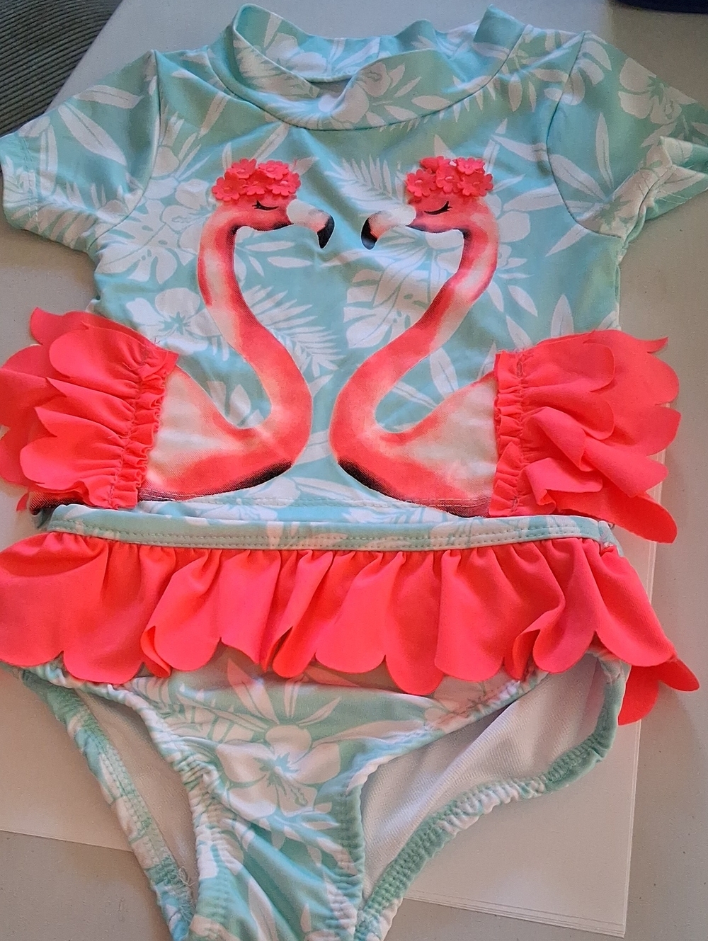 Coral Mint & White Tropical Girls Swimsuit